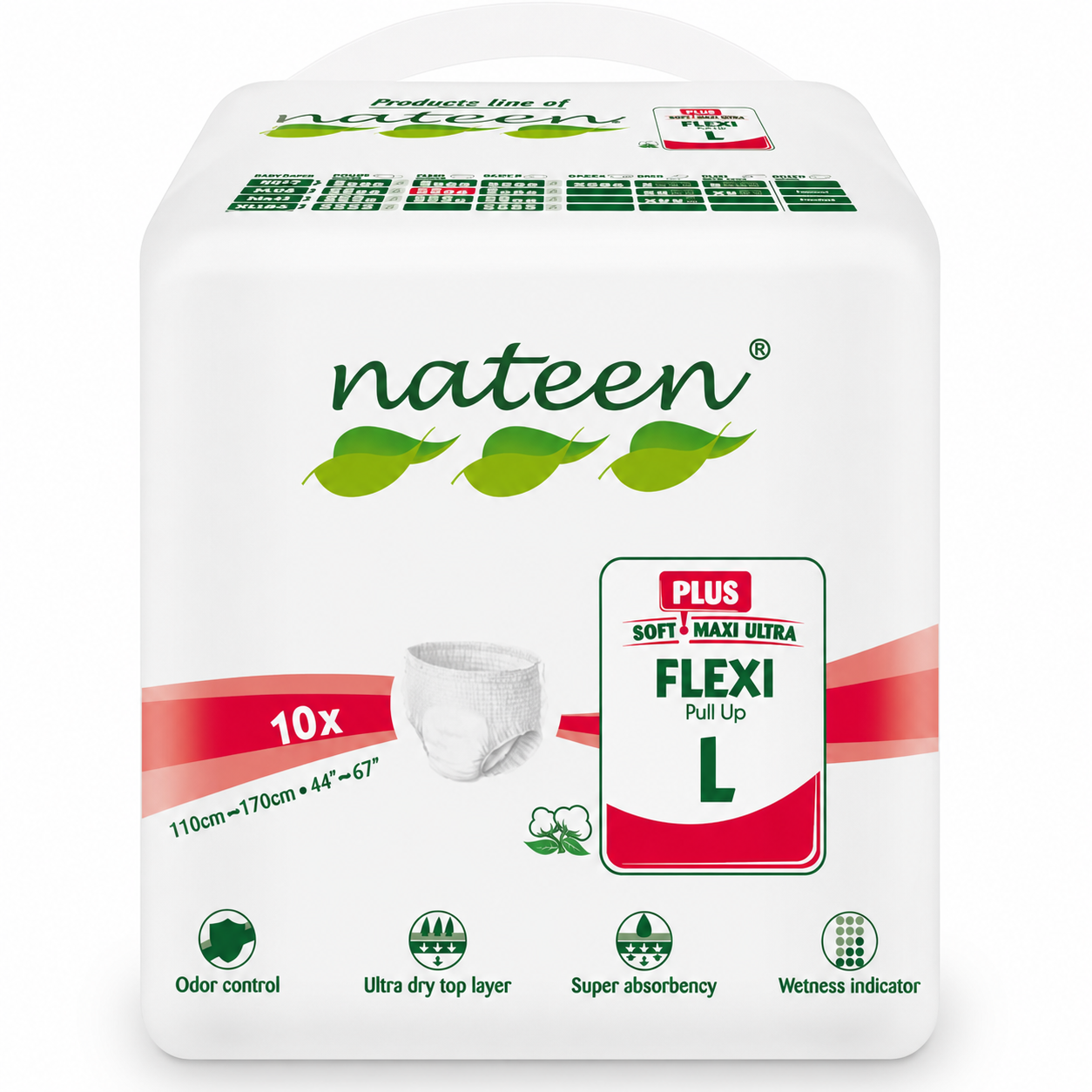Nateen Flexi Plus Adult Pull-Up 10 Diapers Large 110-170cm Waist 2550ml Absorbency