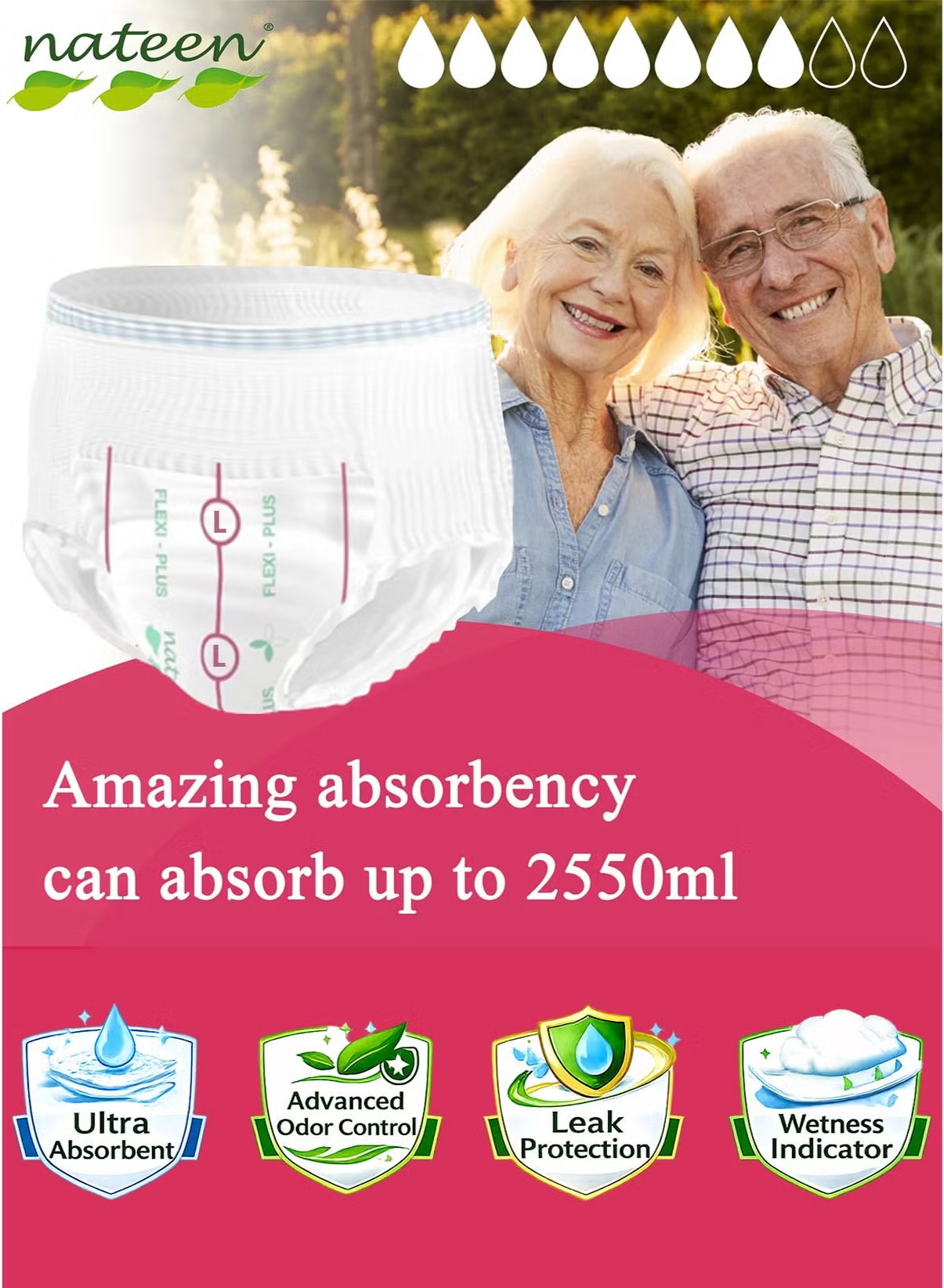 Nateen Flexi Plus Adult Pull-Up 10 Diapers Large 110-170cm Waist 2550ml Absorbency
