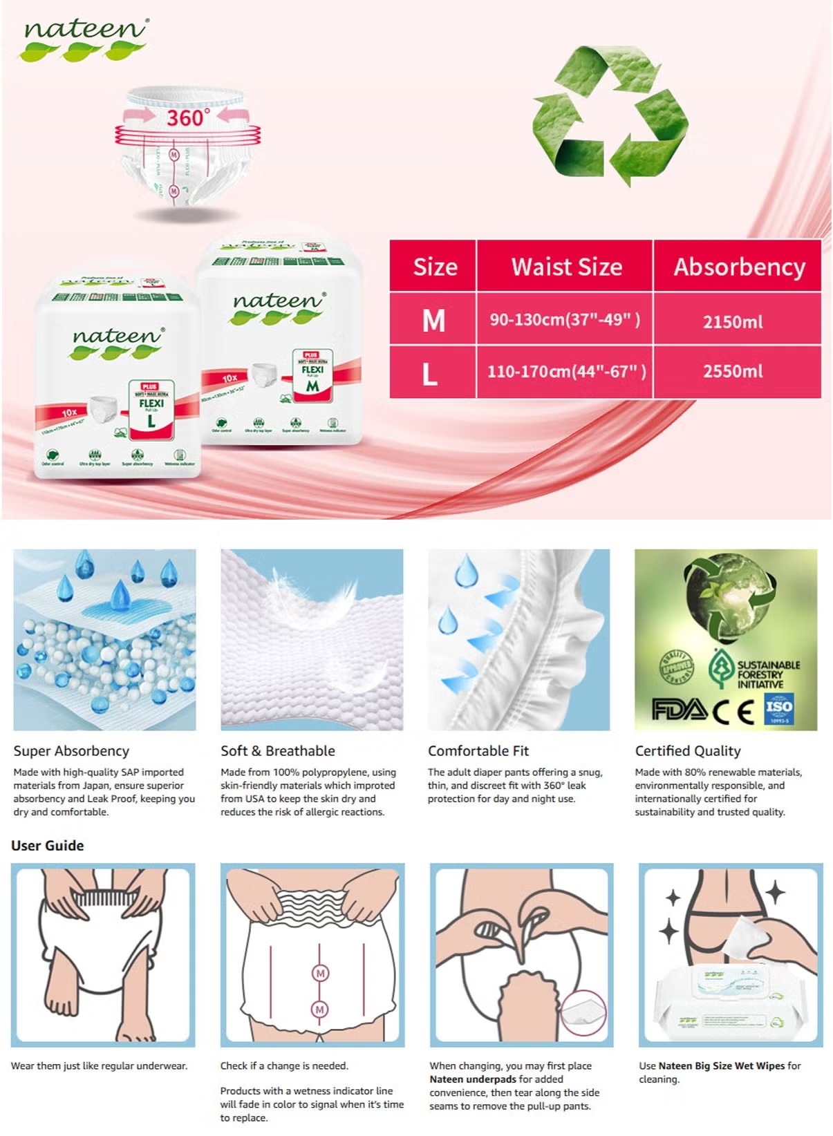 Nateen Flexi Plus Adult Pull-Up 10 Diapers Large 110-170cm Waist 2550ml Absorbency
