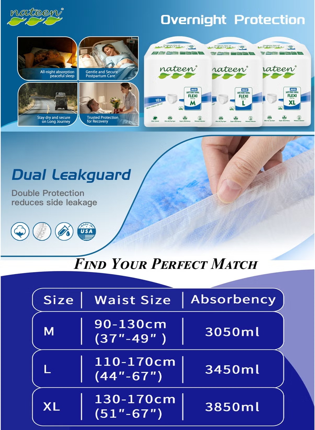 Nateen 10 Flexi Maxi Adult Pull-Up Diapers Medium 90-130cm Waist 3050ml Absorbency