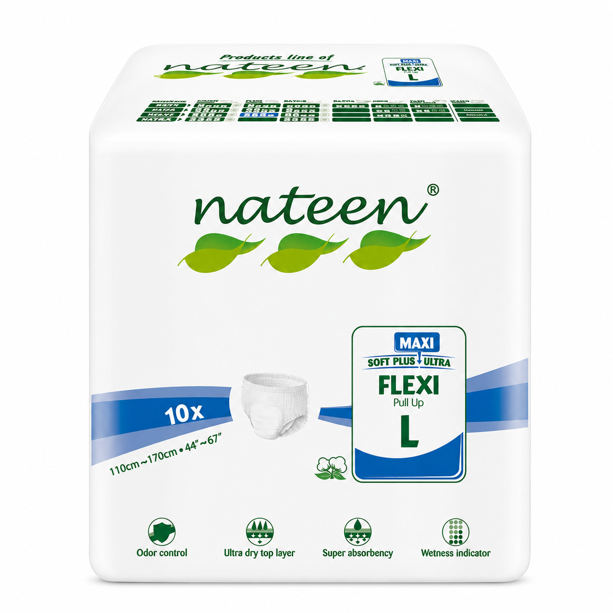 Nateen 10 Flexi Maxi Adult Pull-Up Diapers Large 110-170cm Waist 3450ml Absorbency