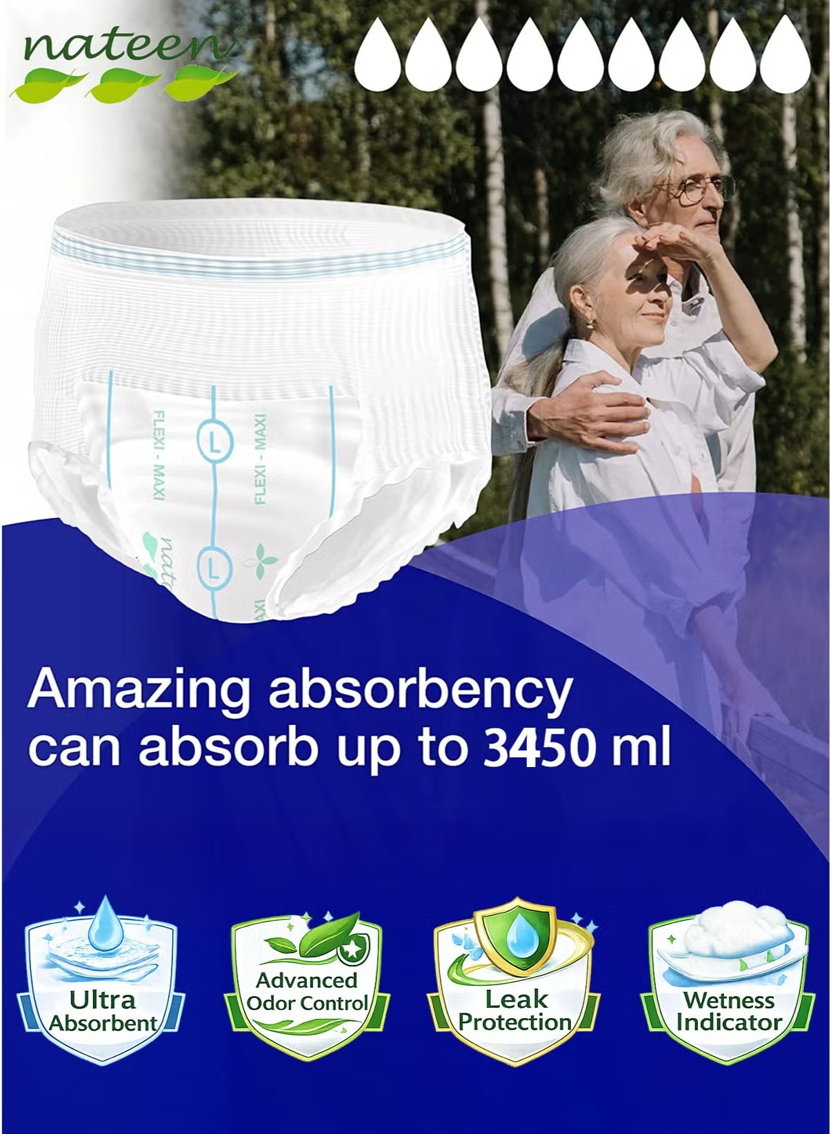 Nateen 10 Flexi Maxi Adult Pull-Up Diapers Large 110-170cm Waist 3450ml Absorbency