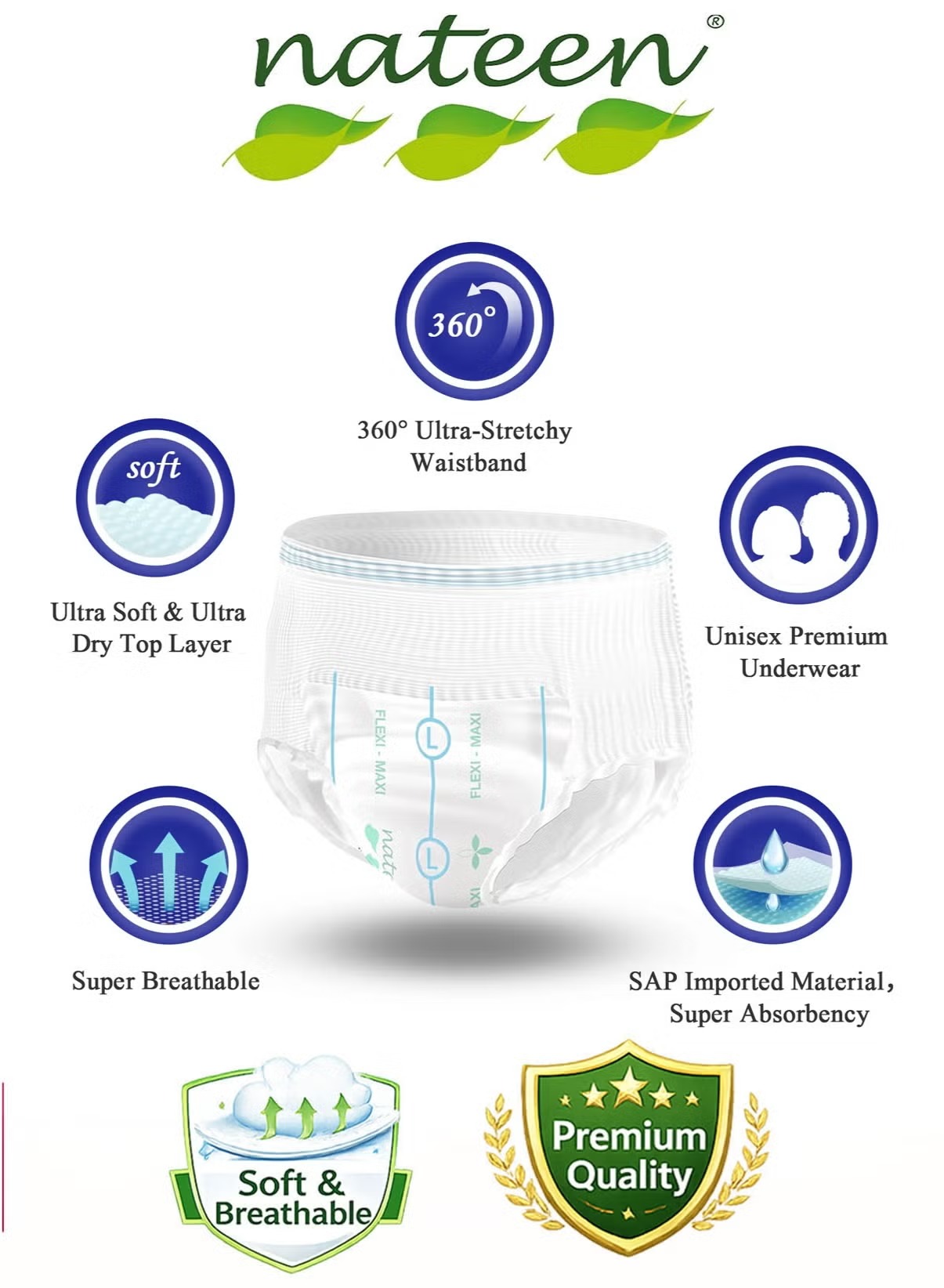 Nateen 10 Flexi Maxi Adult Pull-Up Diapers Large 110-170cm Waist 3450ml Absorbency