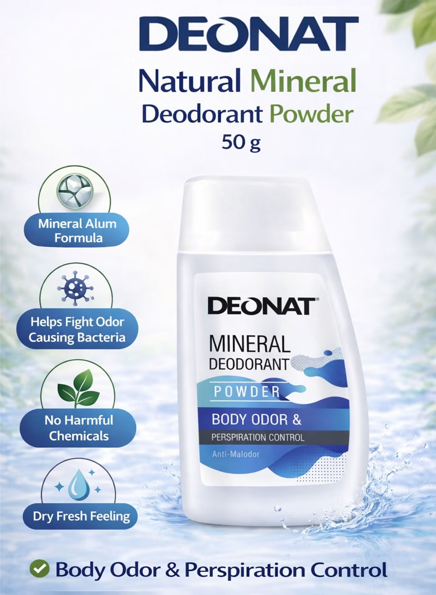 DEONAT Natural Mineral Deodorant Powder 50g Alum Body Odor & Perspiration Control