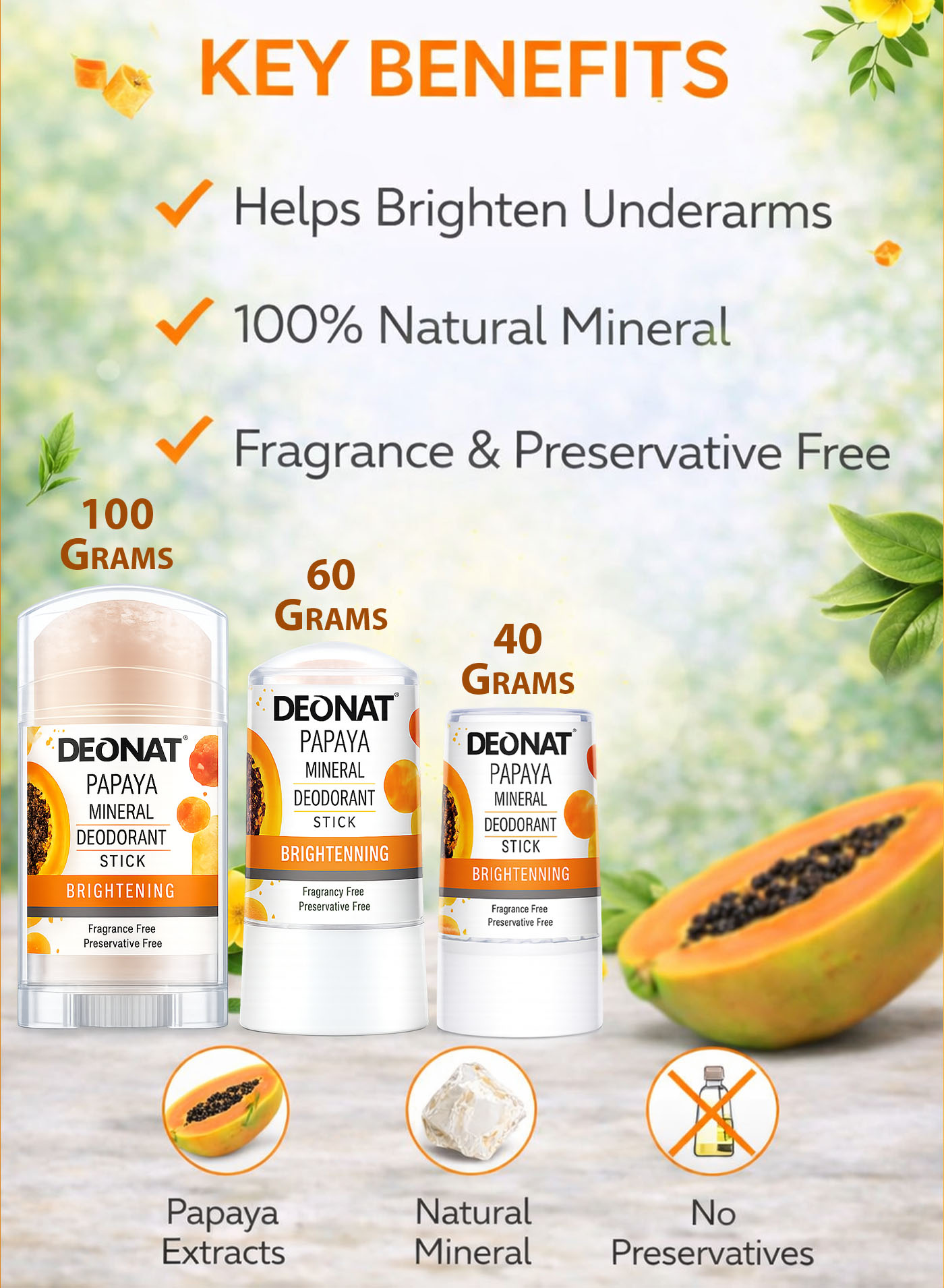DEONAT Papaya Mineral Deodorant Stick 100g, Natural Crystal Alum, Fragrance Free, Unisex
