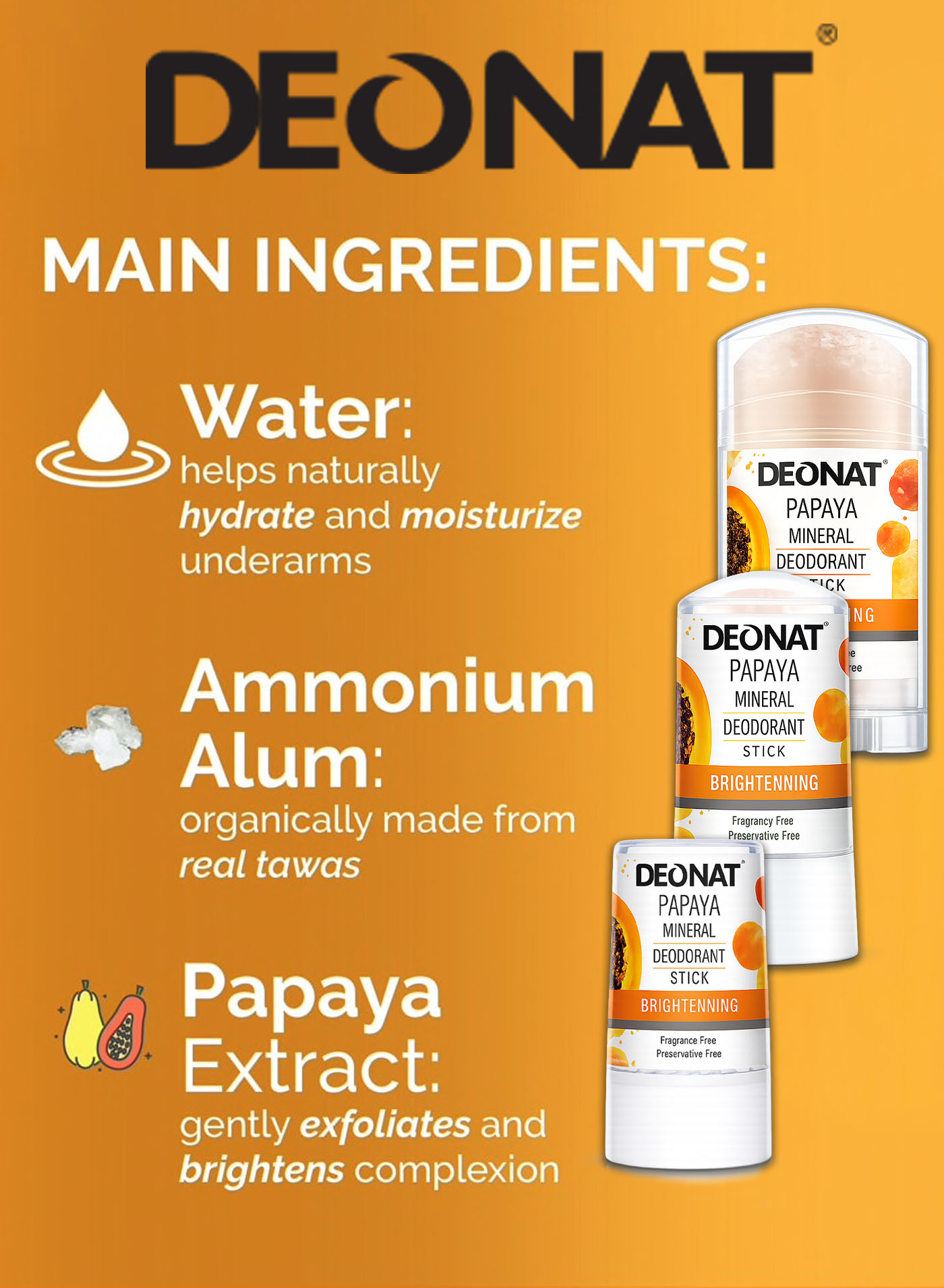 DEONAT Papaya Mineral Deodorant Stick 100g, Natural Crystal Alum, Fragrance Free, Unisex