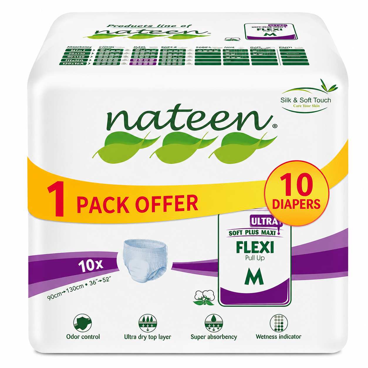 Nateen Flexi Ultra Pull-Up Adult 10 Diaper Pants, Medium 90-130cm, 3450ml Absorbency