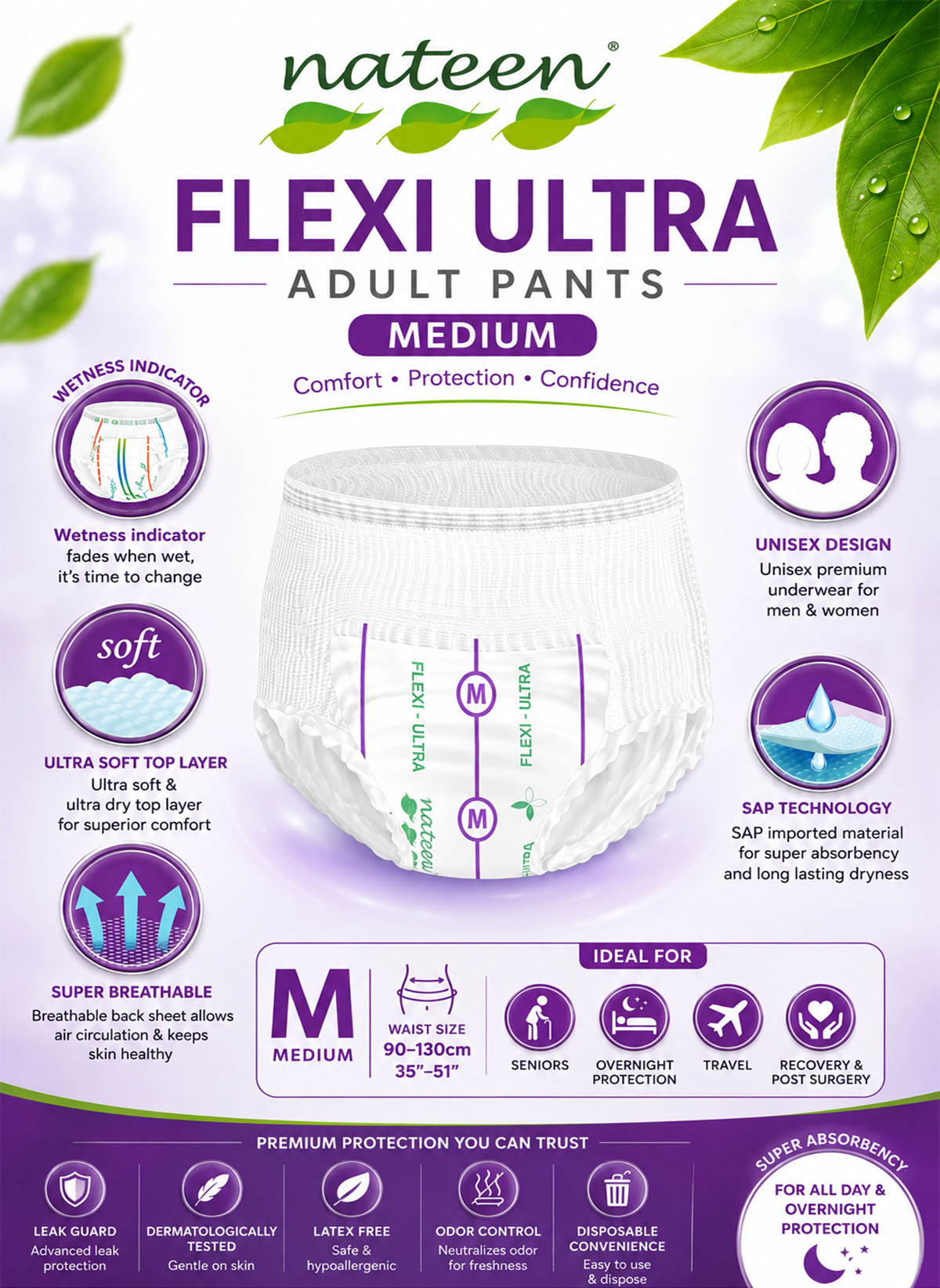 Nateen Flexi Ultra Pull-Up Adult 10 Diaper Pants, Medium 90-130cm, 3450ml Absorbency