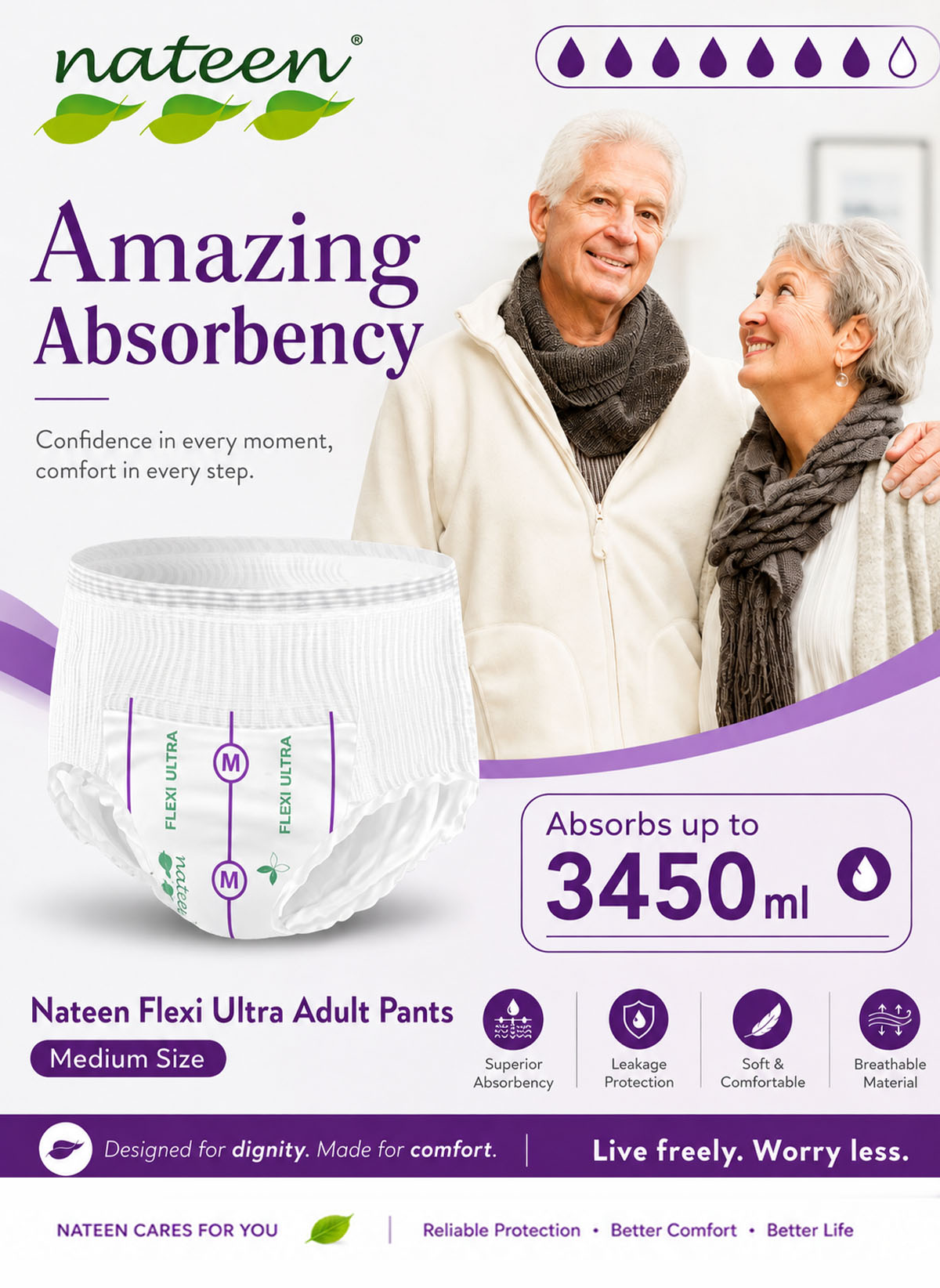 Nateen Flexi Ultra Pull-Up Adult 10 Diaper Pants, Medium 90-130cm, 3450ml Absorbency