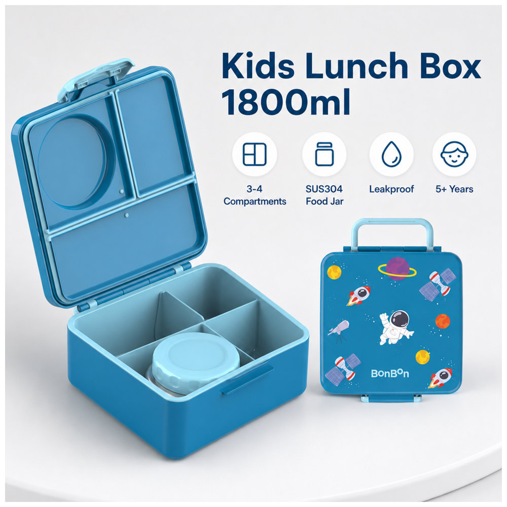 Bonbon - 3/4-Compartment Space Tour Lunch Box With Insulated Food Jar - Dark Blue