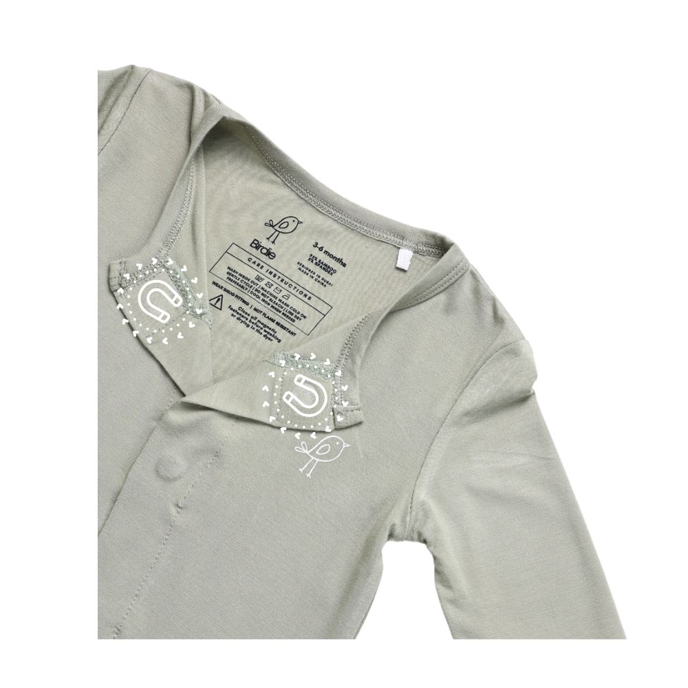Birdie Magnetic Baby Grow Bamboo Sleepsuit - Sage