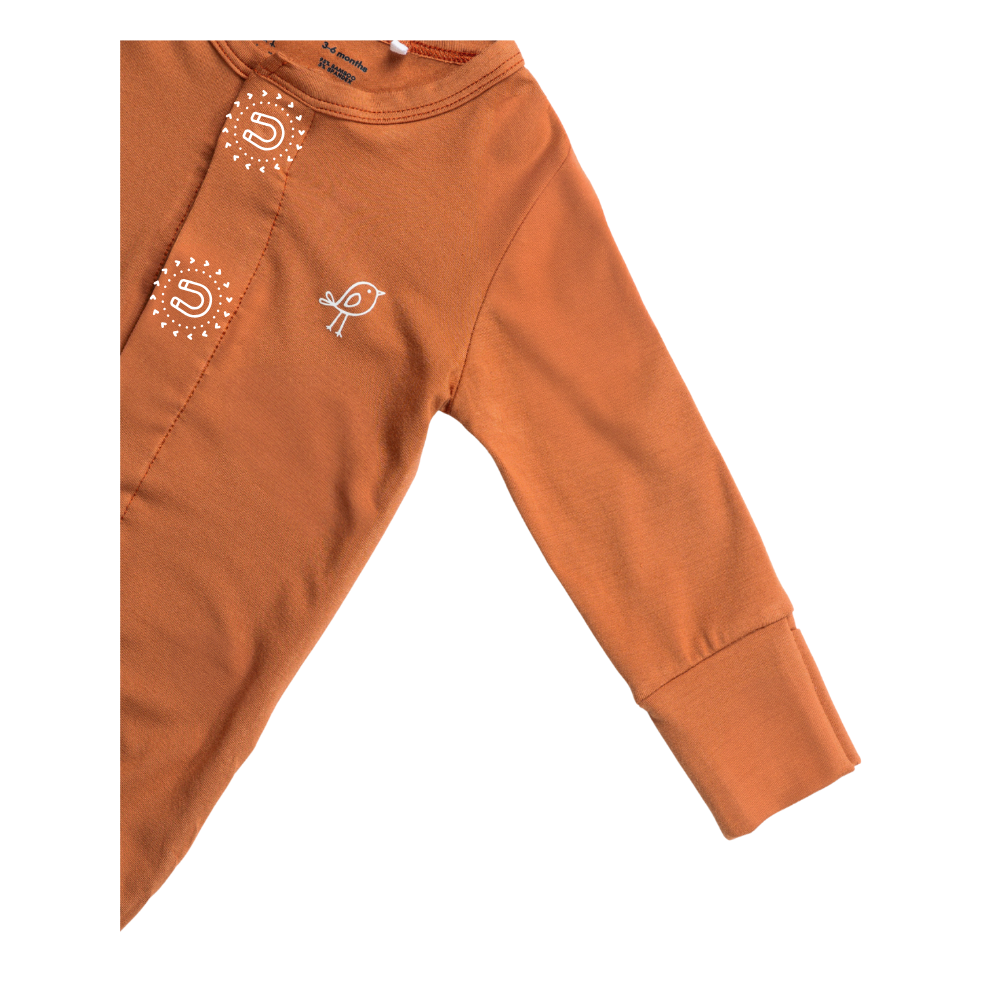 Birdie Magnetic Baby Grow Bamboo Sleepsuit - Terracotta