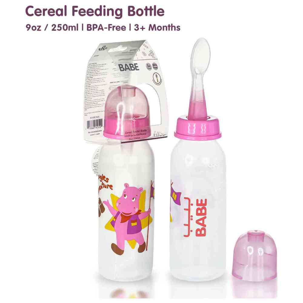 Babe - Baby Cereal Feeding Bottle With Spoon - Pink - 250 ml