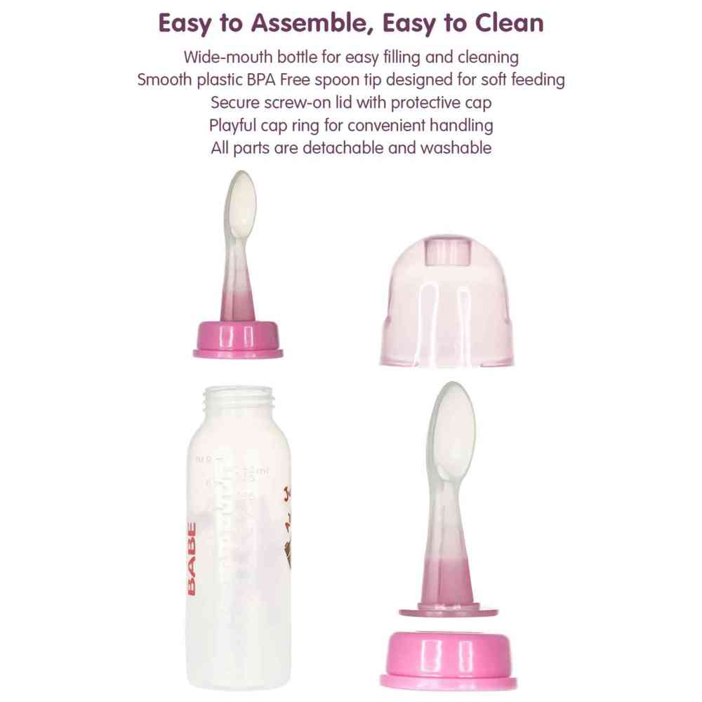 Babe - Baby Cereal Feeding Bottle With Spoon - Pink - 250 ml