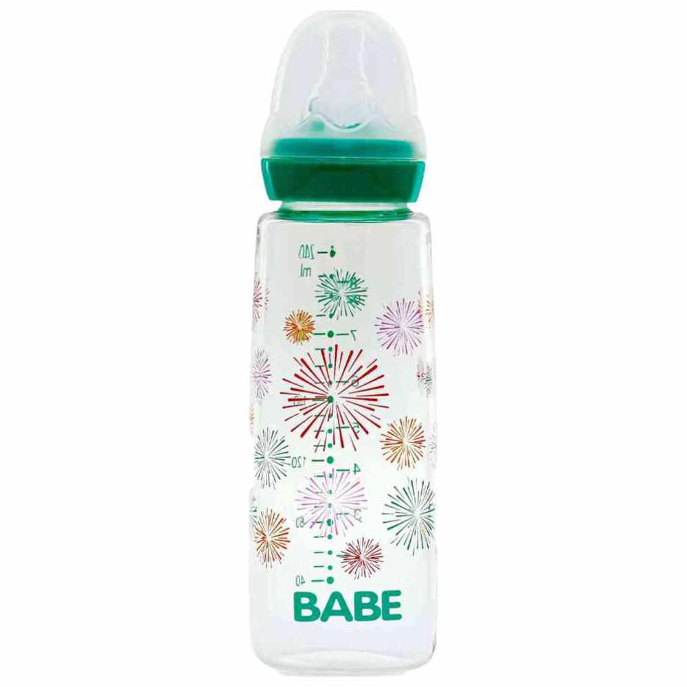 Babe - Baby Glass Feeding Bottle - Green - 240 ml