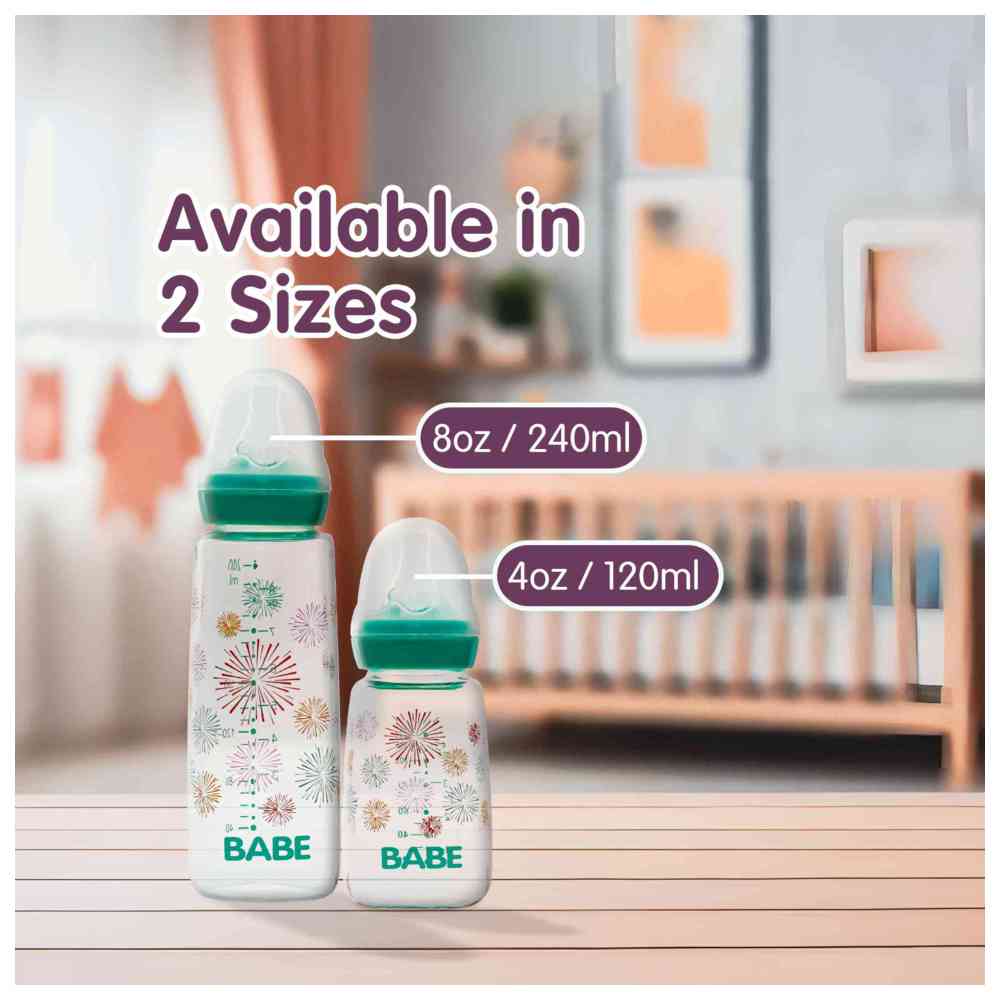 Babe - Baby Glass Feeding Bottle - Green - 240 ml
