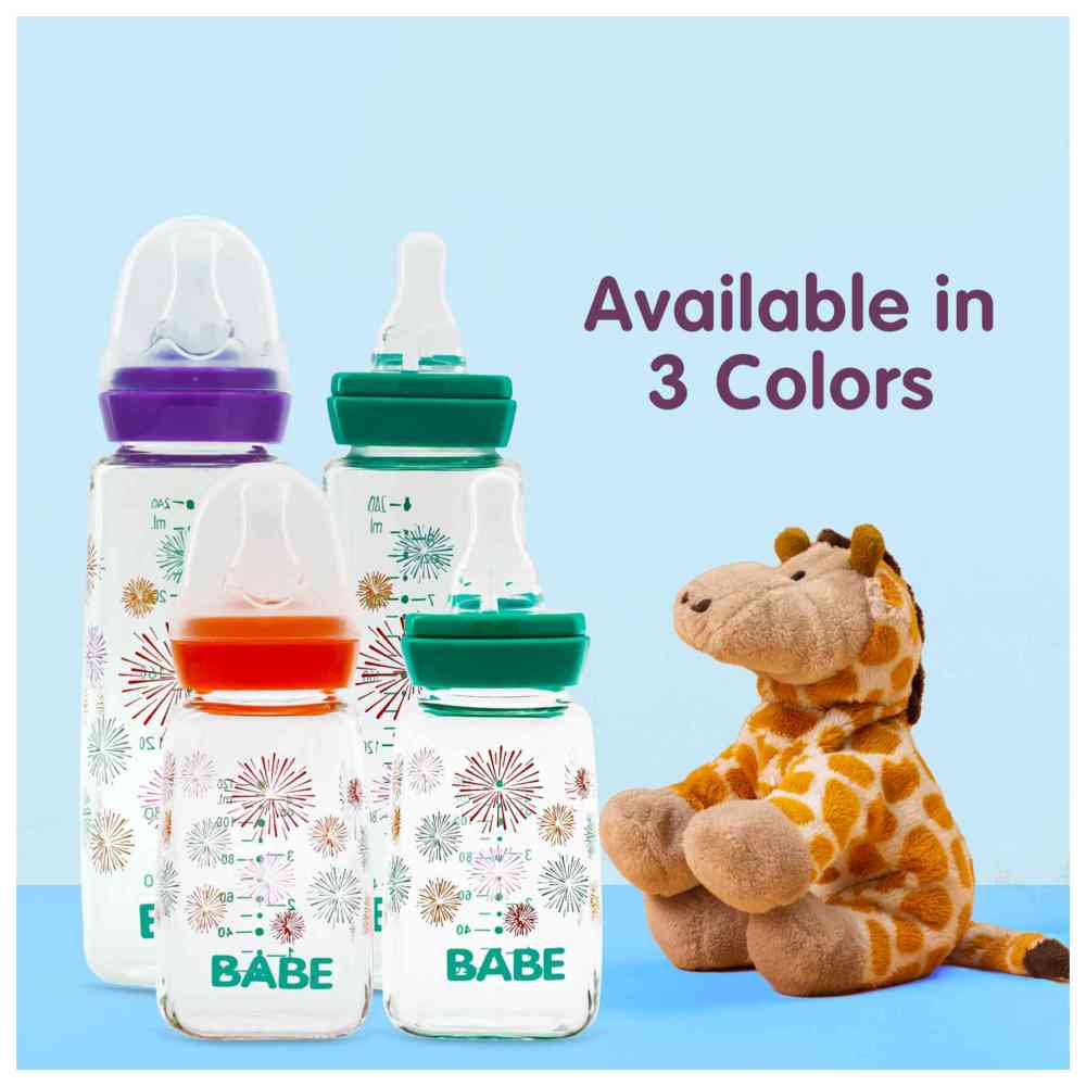 Babe - Baby Glass Feeding Bottle - Green - 240 ml