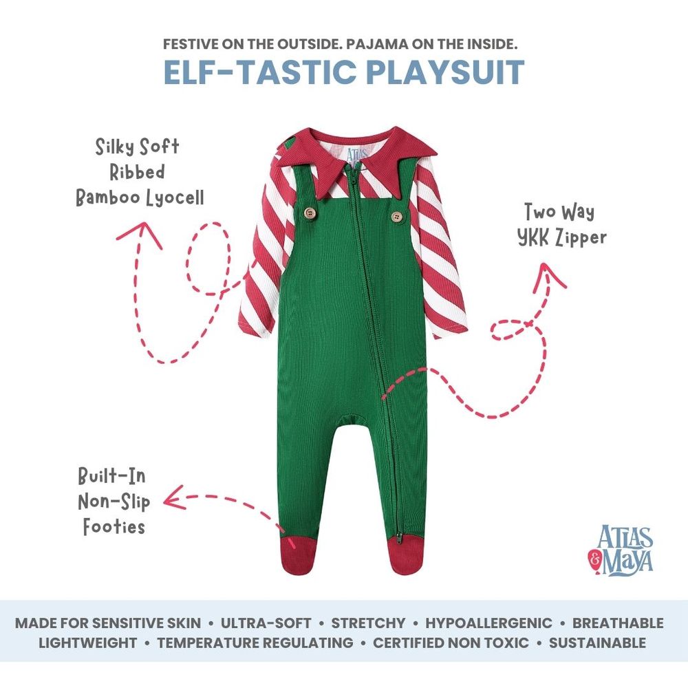 Atlas & Maya Baby Organic Bamboo Elf-Tastic Playsuit - Green/Red