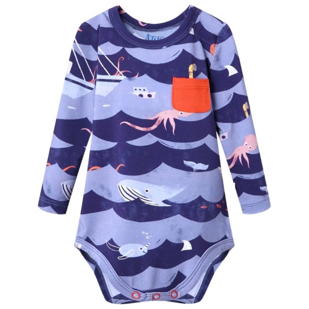 Atlas & Maya Iconic Long Sleeve Magnetic with Pocket Ocean Snuggles Bodysuit