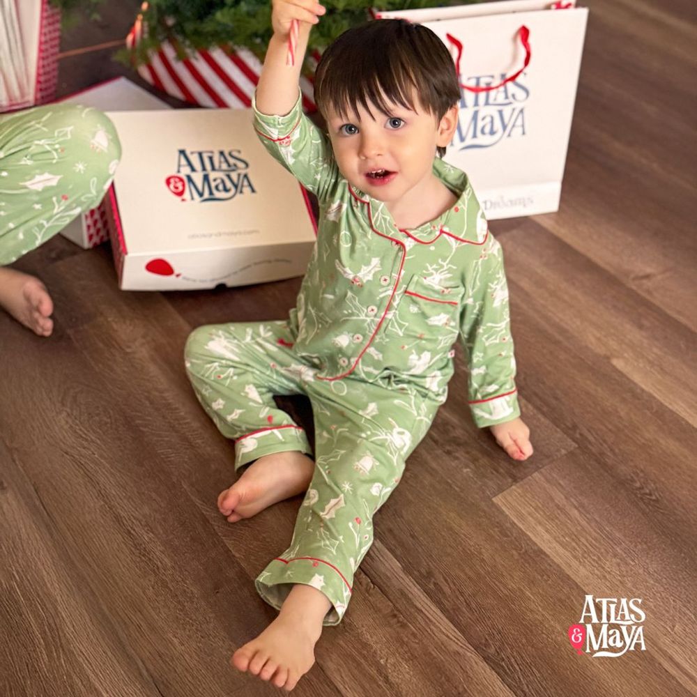 Atlas & Maya Organic Bamboo Christmas Buttoned Pajama Set Evergreen Tale - 2 Pcs