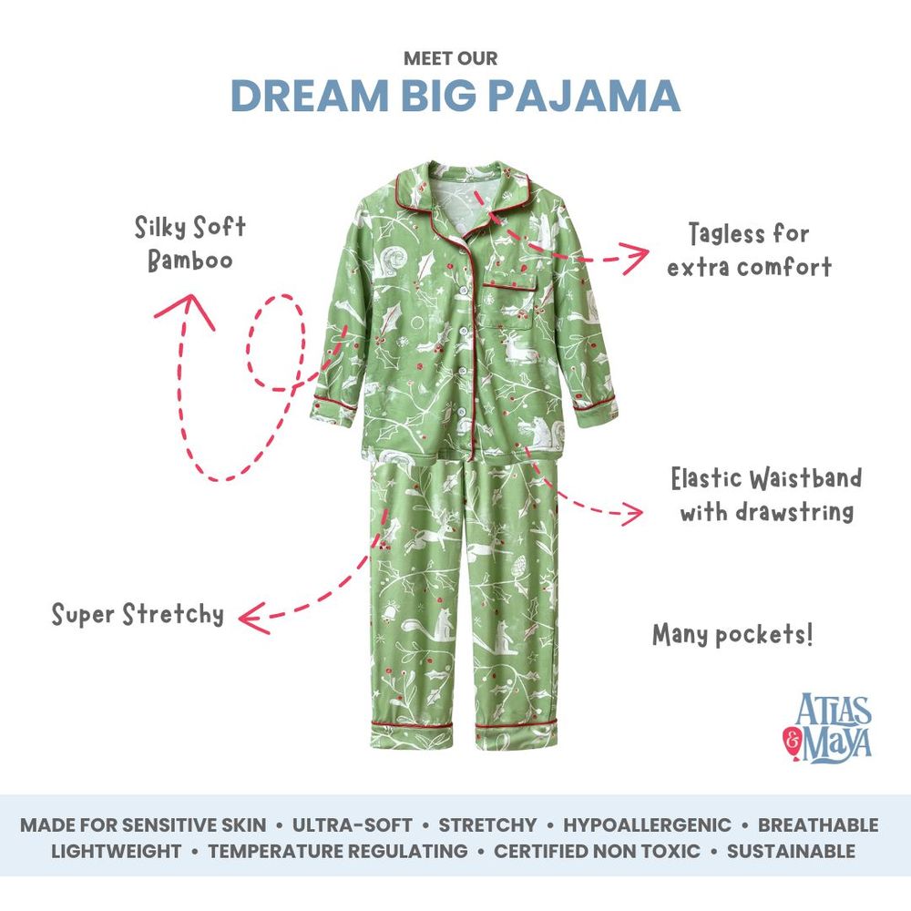 Atlas & Maya Organic Bamboo Christmas Buttoned Pajama Set Evergreen Tale - 2 Pcs