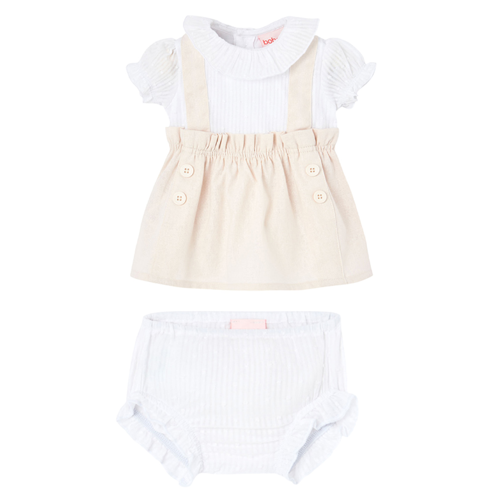 Boboli Baby Girl's Puff Sleeves Poplin Dress with Bloomers Beige/White - 2 Pcs