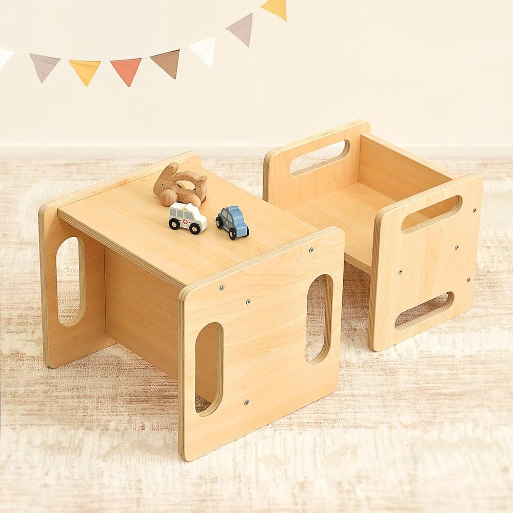Oook - Montessori Nesting Table And Chair Set - Brown - 2 Pcs