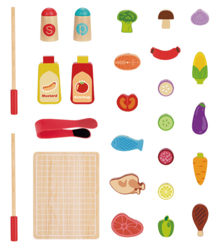 Tooky Toy BBQ Grill Wooden Pretend Playset - Multicolor - 24 Pcs