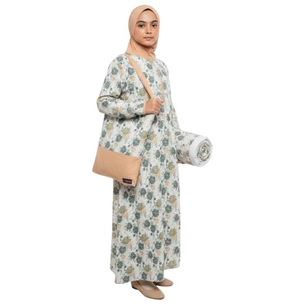 Artemea Printed Girls Prayer Dress with Zipper, Matching Prayer Mat & Bag - Cream - 3 Pcs