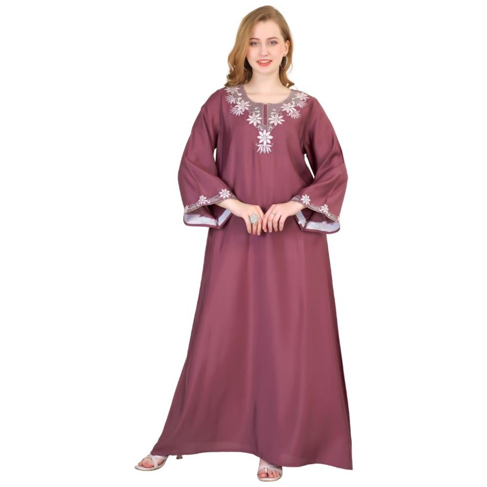 Artemea - Women's Soft Shiny Satin Finish Embroidered Jalabiya - Purple
