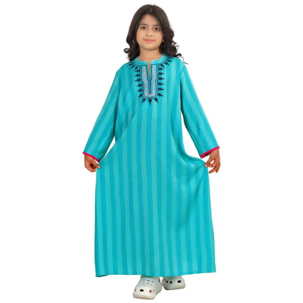 Artemea Girl's Soft Striped Rayon Embroidered Jalabiya - Blue
