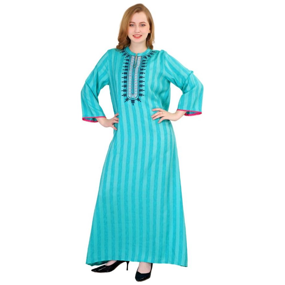Artemea - Women's Soft Striped Rayon Embroidered Jalabiya - Blue