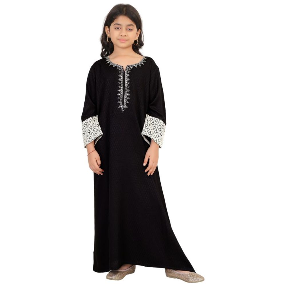 Artemea Girl's Diamond Patterned Rayon Jalabiya with Embroidery & Lace Details on Sleeves - Black
