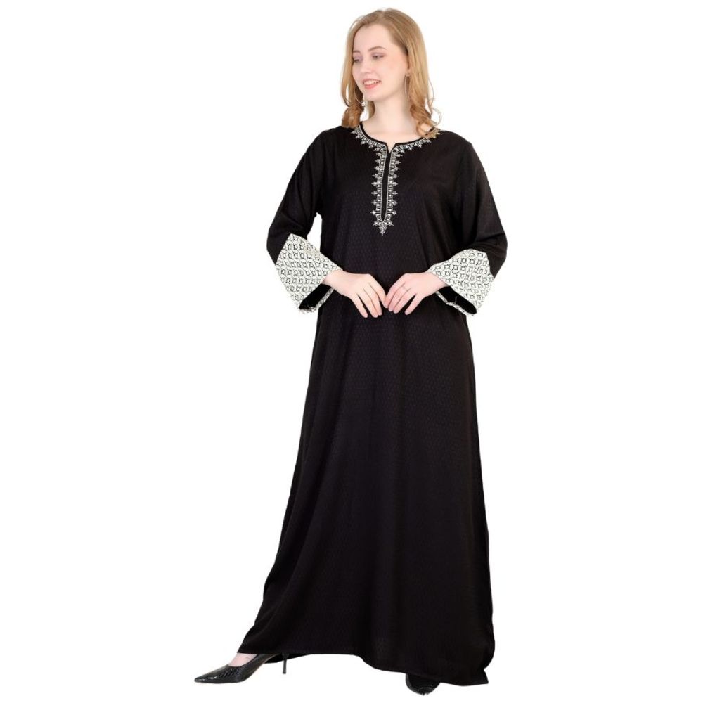 Artemea - Women's Diamond Patterned Rayon Jalabiya With Embroidery & Lace Details On Sleeves - Black