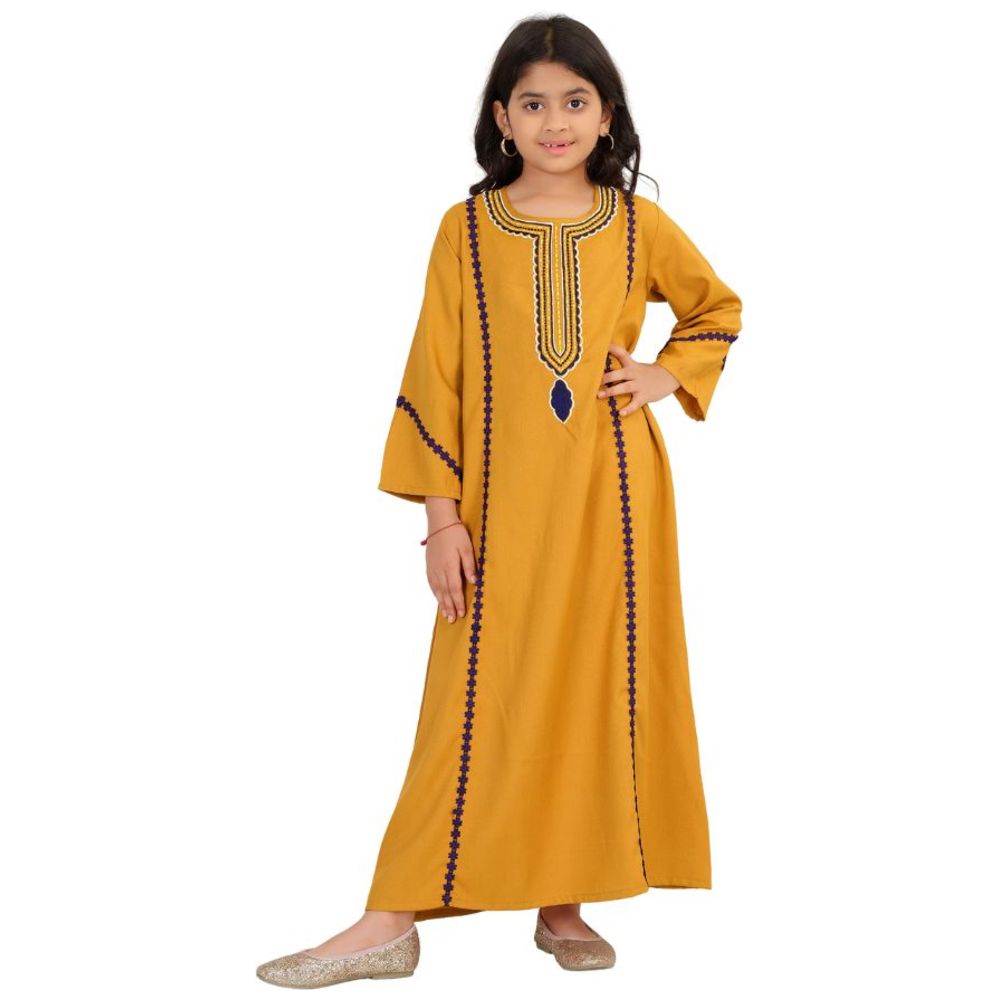 Artemea Girl's Soft Premium Textured Fabric with Embroidery & Lace Details Jalabiya - Gold