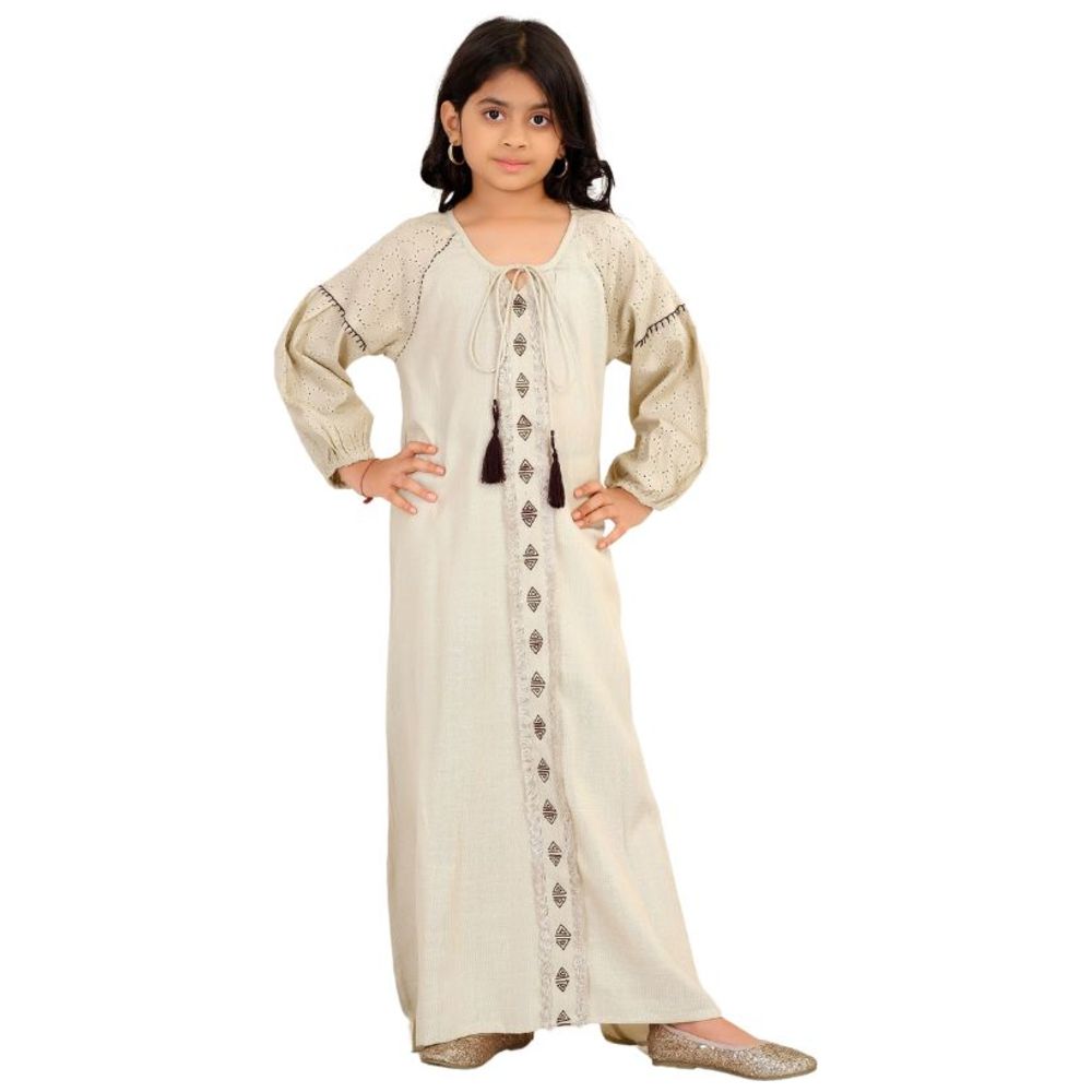 Artemea Girl's Soft Premium Linen Look Cotton Jalabiya with Embroidery & Lace Sleeves - Beige