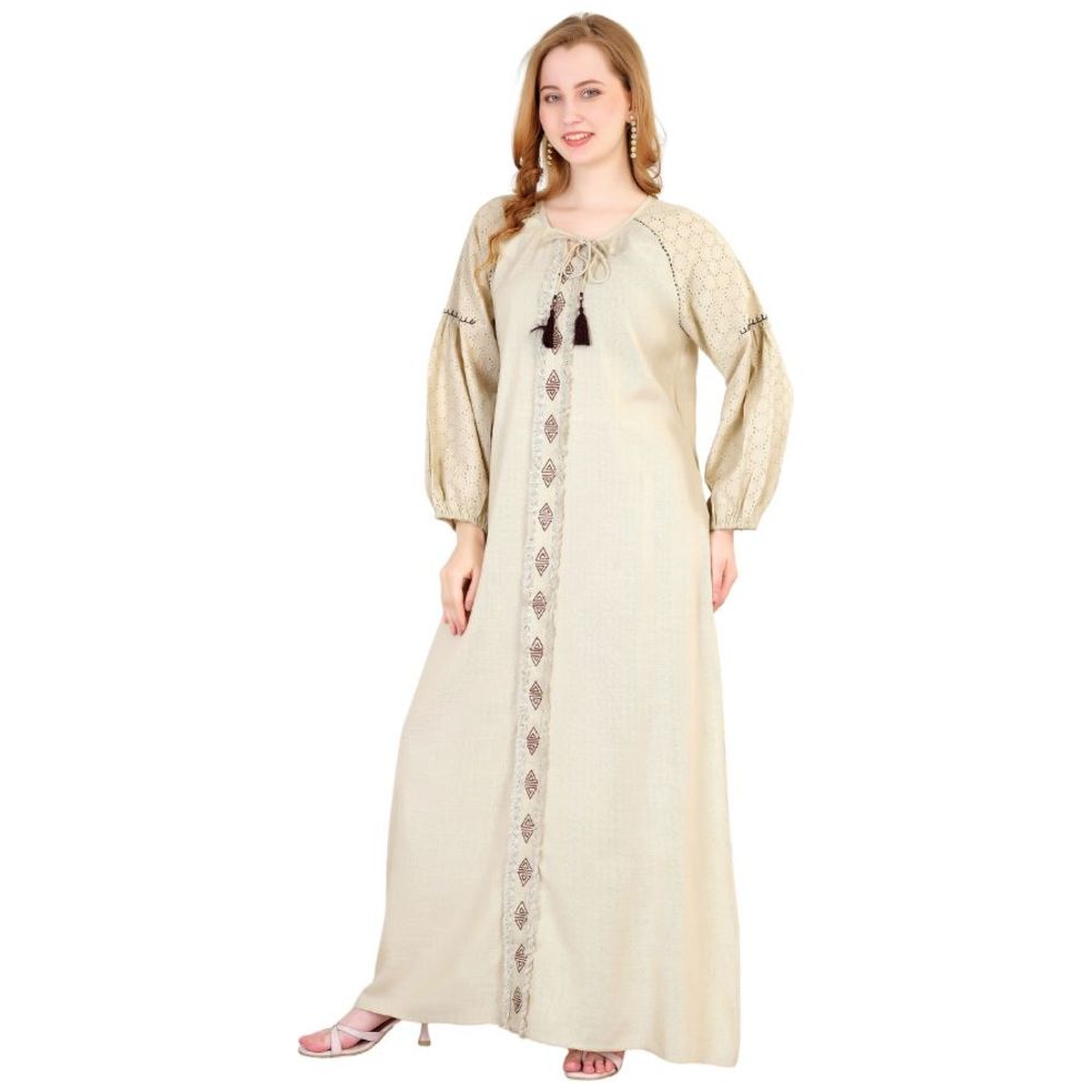 Artemea - Women's Soft Premium Linen Look Cotton Jalabiya With Embroidery & Lace Sleeves - Beige