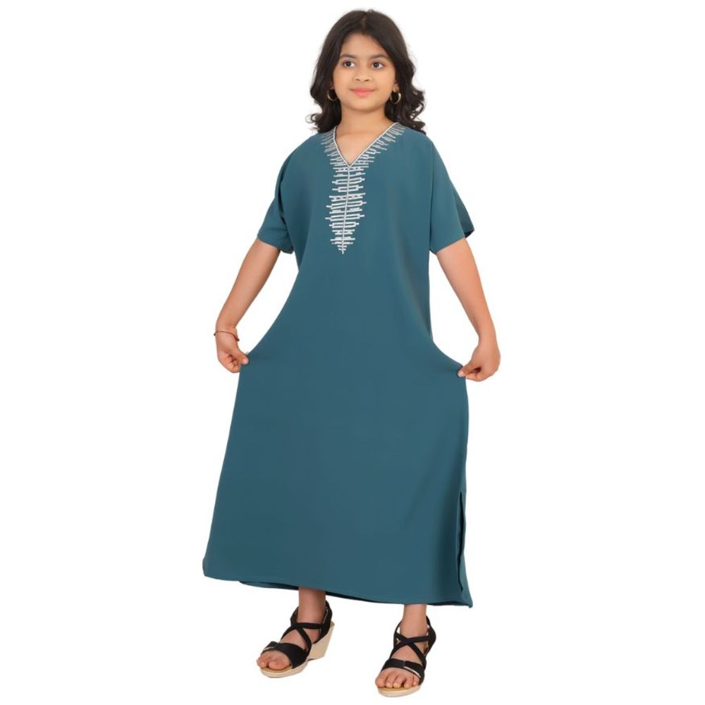 Artemea Girl's Soft Shiny Satin Finish Hand Embroidered Short Sleeves Jalabiya - Blue