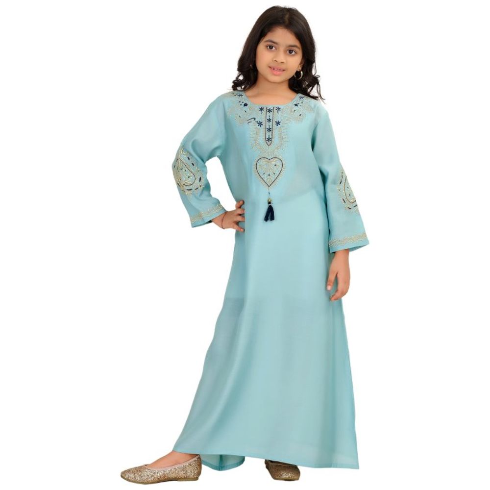 Artemea Girl's Soft Premium Textured Fabric with Golden Thread Embroidered Jalabiya - Blue