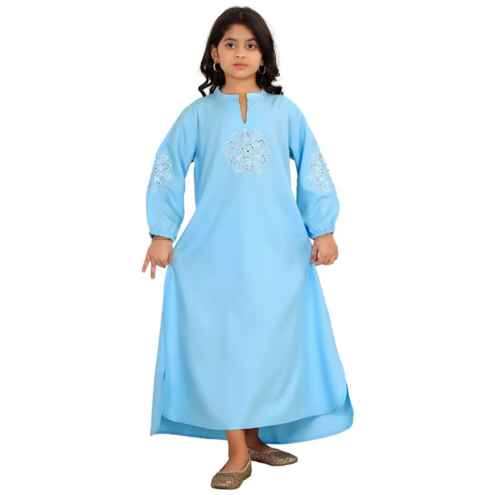 Artemea Girl's Rayon Jalabiya with Delicate Embroidery & Sleeve Cuff Details - Blue