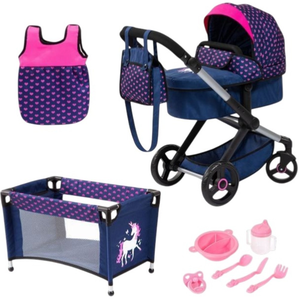Bayer - Xeo Combi Baby Doll's Stroller Pram Set - Blue - 11 Pc Set