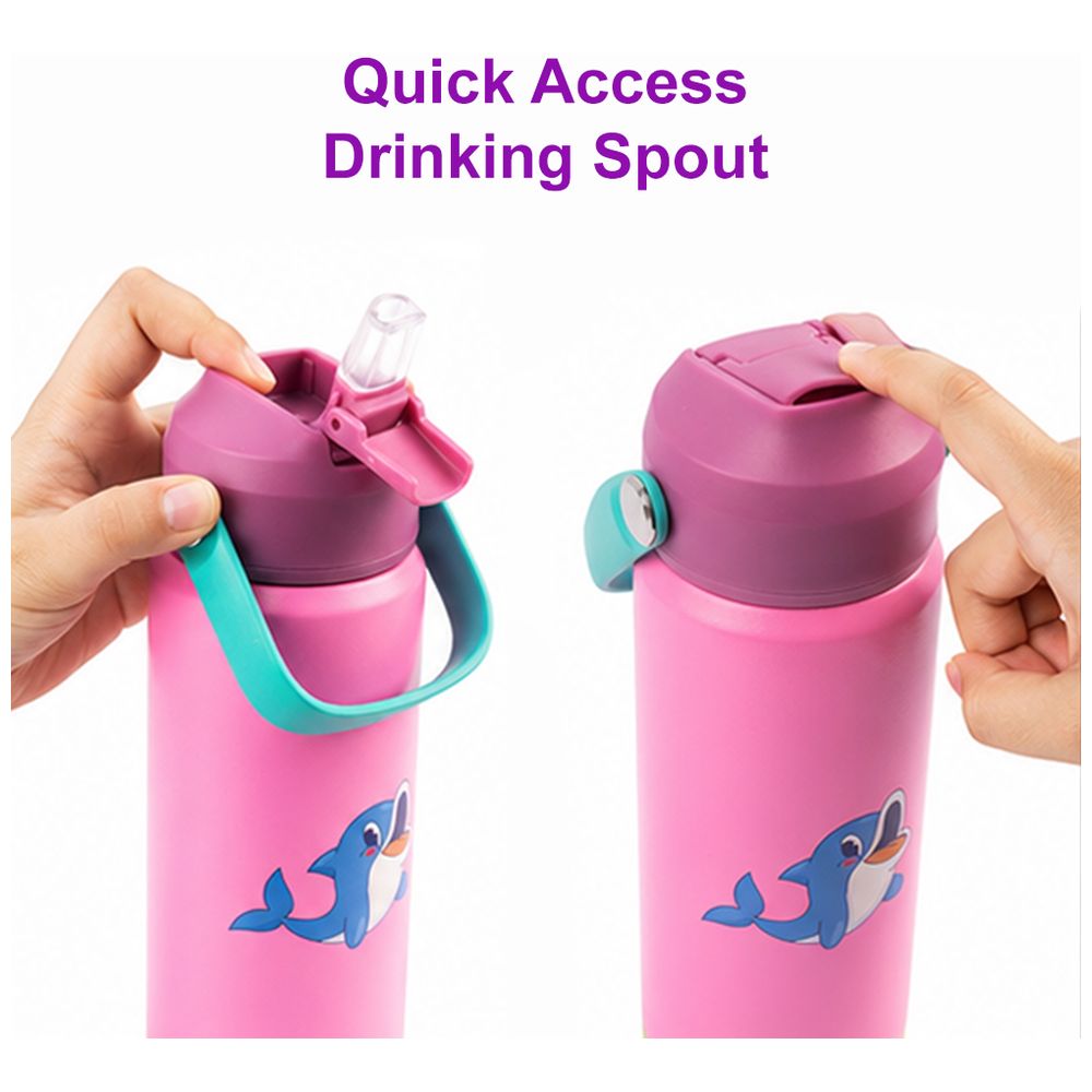 Cocobee - Girl's Dolphin Insulated Stainless Steel Water Bottle With Handle Grip - Pink - 500 ml