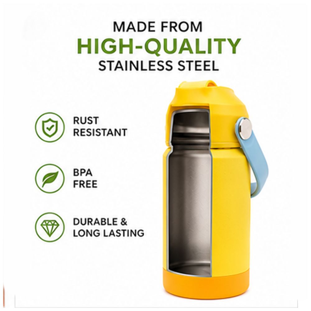 Cocobee - Kids Dino Insulated Stainless Steel Water Bottle With Handle Grip - Yellow - 500 ml