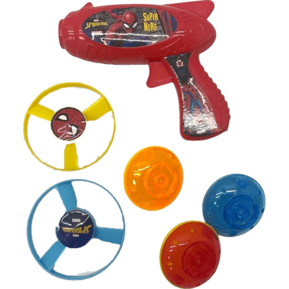 Marvel - Spider-Man Top Flying Saucer Toy Gun - 6 Pc Set