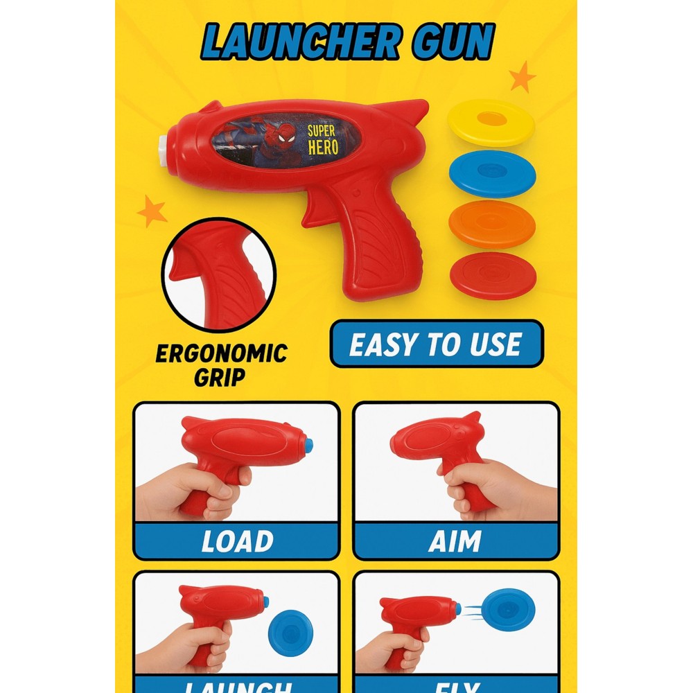 Marvel - Spider-Man Top Flying Saucer Toy Gun - 6 Pc Set