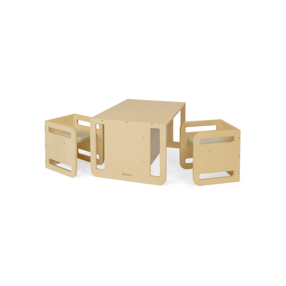 Ezzro - Montessori Two chairs And Table Set - Natural/Light Grey