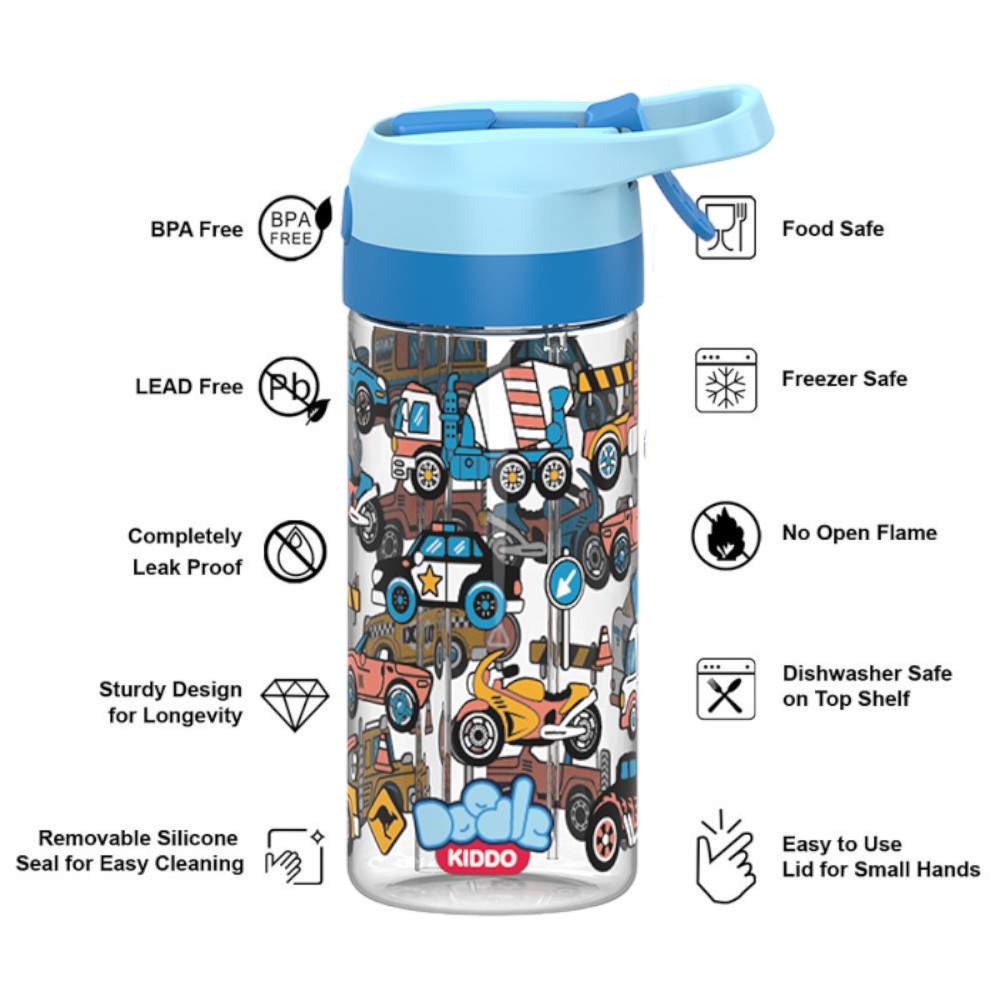 Doodle Kiddo - Cars And Trucks Themed Water Bottle With Spray - 420ml