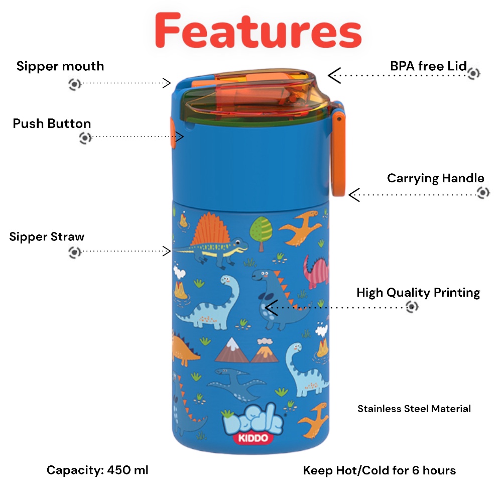 Doodle Kiddo - Dinosaur Themed Stainless Steel Water Bottle - 450ml