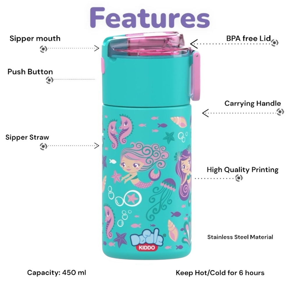 Doodle Kiddo - Mermaid Stainless Steel Water Bottle - Aqua - 450 ml