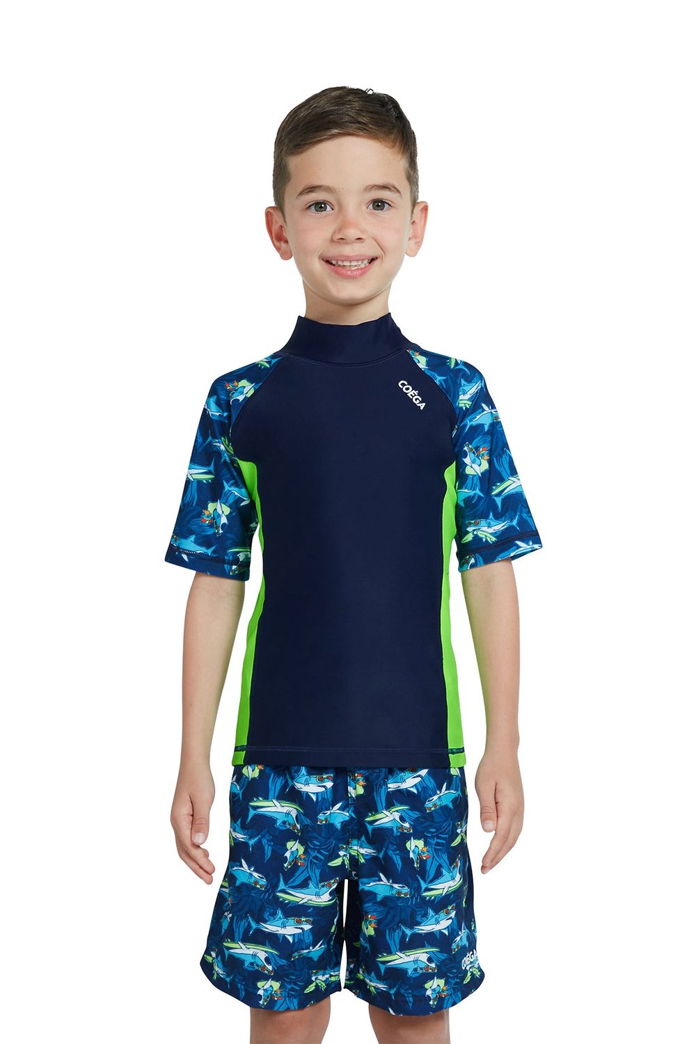 Coega Sunwear Boys' Short Sleeve Rashguard - Navy Sharks